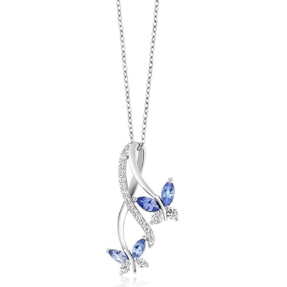 .925 Sterling Silver with Blue Tanzanite and Cubic Zirconia Butterfly Necklace - Picture 2 of 5